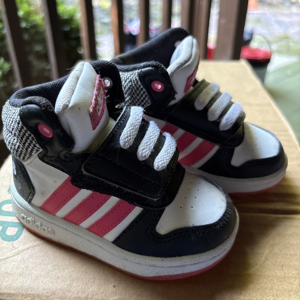 Adidas Hoops Mid 2.0 Toddler Shoes Black White Pink DB1943 Size 5K